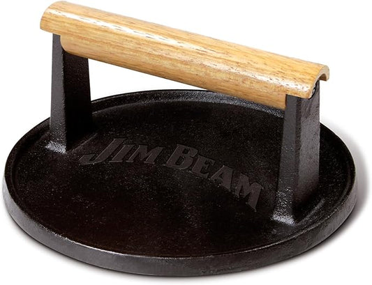 Jim Beam JB0158 Black Cast Iron Burger Press - 7'' Heavy Duty Burger Press with Solid Wood Handle