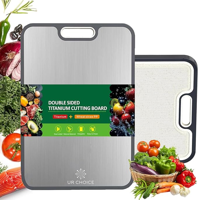 Double Sided Pure Titanium Cutting Board For Kitchen | Reversible Chopping Boards (2 in 1) | Non Toxic Dishwasher Large Size Board With Juice Groove - 15.15"x10.4"