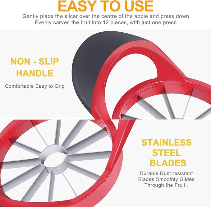 4.72 Inch 12 Super Sharp Stainless Steel Blades Apple Slicer, Corer and Divider, 1 Super Sharp Peeler, 2 Fruit Forks and 1 Orange Citrus Peeler Tool, Red