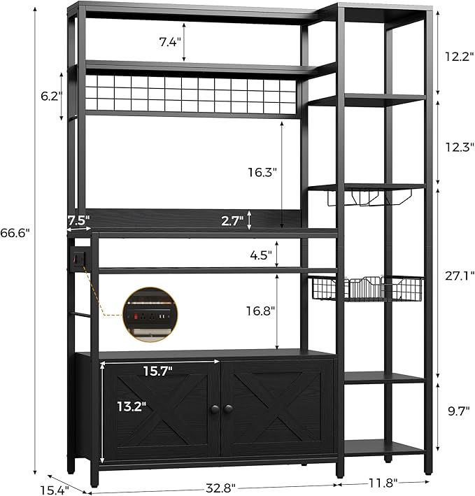IRONCK Bakers Rack with Power Outlet, 47.24 Inch Coffee Bar Cabinet, Kitchen Microwave Stand with Storage, Kitchen Shelf with Shelves, LED Light, Globlet Holder and Wine Basket, Black