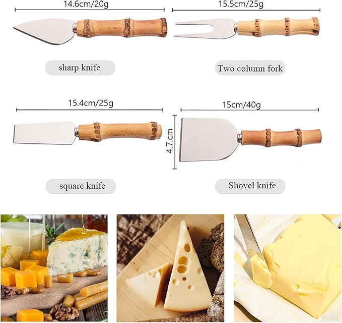 Bamboo Cheese Knife Set, 8-Piece Steel Stainless Cheese knife Set with Bamboo Handle, Mini Cheese Cutter, Cheese Fork, Cheese Slicer, Spreader, For Party, Travel and Kitchen