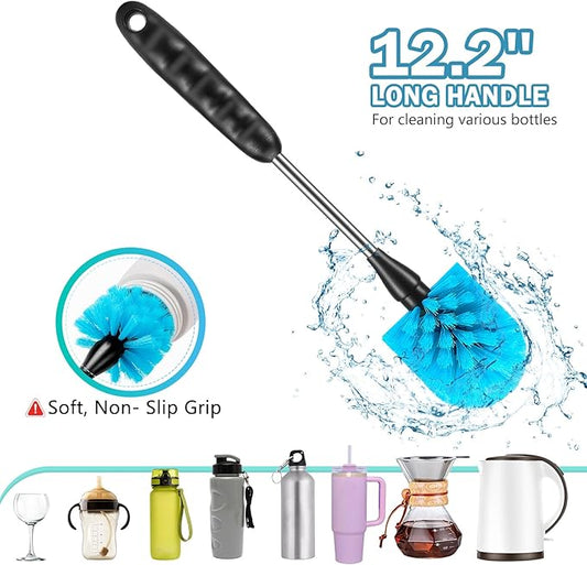 12.2 inch Bottle Brush Set of Three，Washable Coffee Cups, Water Bottles, Baby Bottles, Straws, to-go Cups, Long-Handled 3-in-1 Stainless Steel Bottle Brushes.