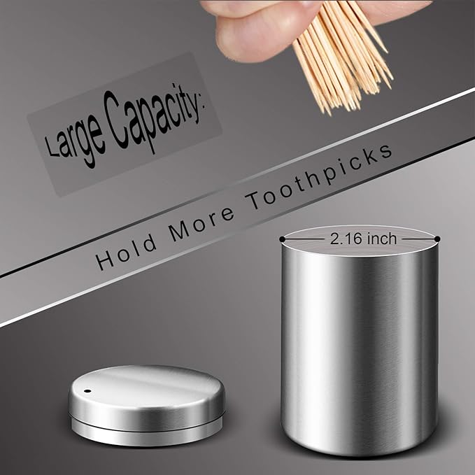 Stainless Steel Metal Toothpick Holder Dispenser Thickening Tooth Picks Lot Container with 500 Pieces Bamboo Round Toothpicks for Teeth and Appetizer