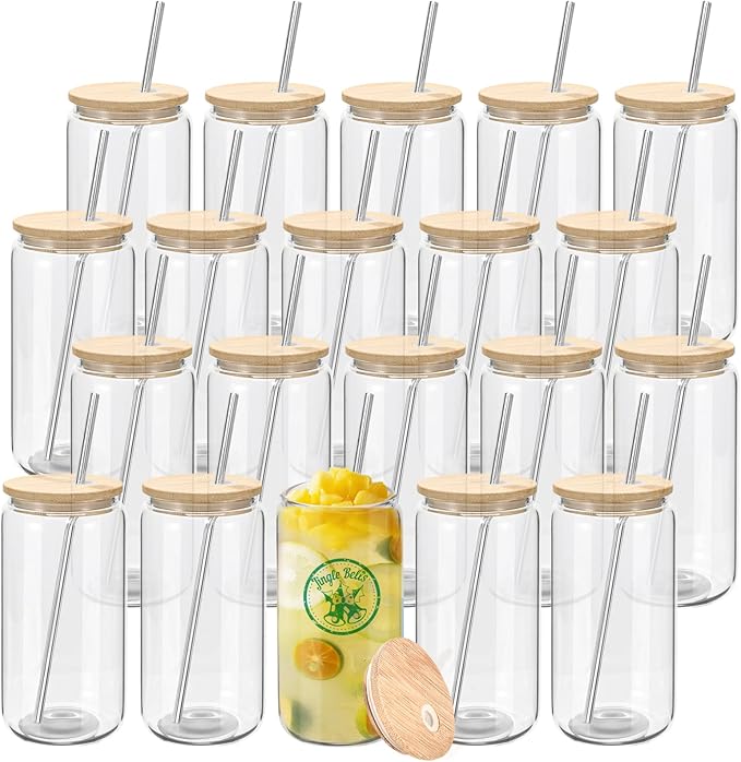 YOUKE OLA 20 Pack Glass Cups with Bamboo Lids and Metal Straw Can Shaped Drinking Glasses, Glass Tumbler Reusable Cute Cups for Whiskey, Iced Coffee, Tea, Soda, Cocktail, Gift, Clear 20oz