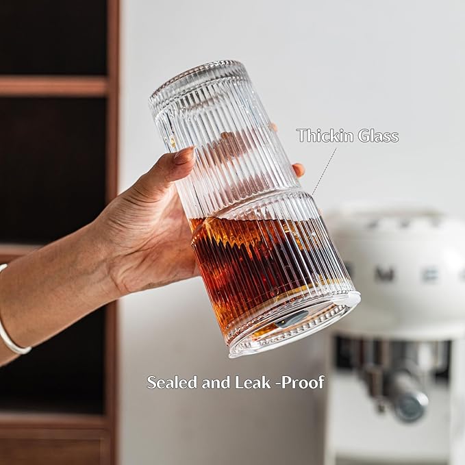 INSETLAN 20 oz Ribbed Glass Tumblers with Lids and Glass Straws – 6-Piece Glassware Set, Thickened Wall, Ideal for Iced Coffee, Smoothies, Cocktails, and Juices – Elegant and Durable Drinkware