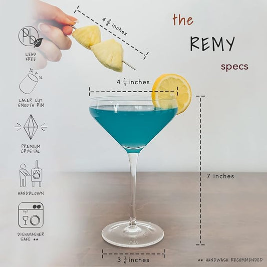 MORA PURE The Remy Coupe - Set of 4, 8oz Handblown Premium Crystal Martini Glasses for Cocktail, Gin & Tonic, Cosmopolitan, Manhattan, Bar, Fancy Mixology, etc. Modern Angle Drinking Glassware