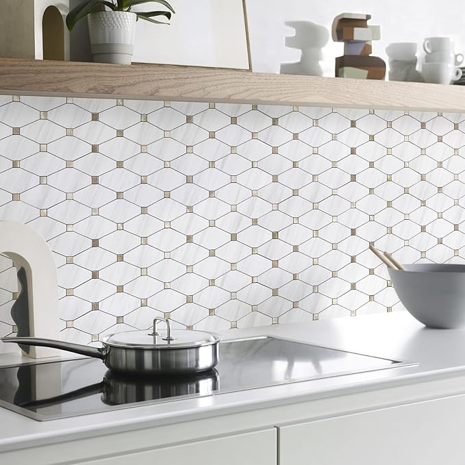 STICKGOO 10 Sheets Peel and Stick Dolomite Mosaic Tile, White Marble Look PVC Mixed Metal Gold Kitchen Backsplash for Fireplace, RV