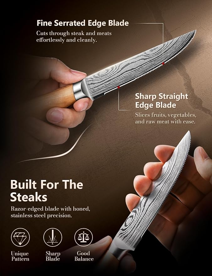 Emojoy Steak Knives Set of 6, 4.5 Inches Serrated Steak Knife Set, German Stainless Steel Kitchen Steak Knives with Original Olive Wood Handle and Wooden Gift Box