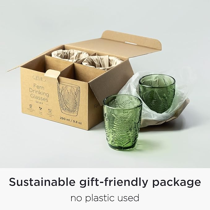 Vintage Green Drinking Glasses Set of 4, 10 oz Deep Textured Glass Cups, Fern Embossed Retro Glassware, Hand-Pressed Decorative Cocktail Tumblers, Boho Style Colored Drinkware Gift Set for Home & Bar