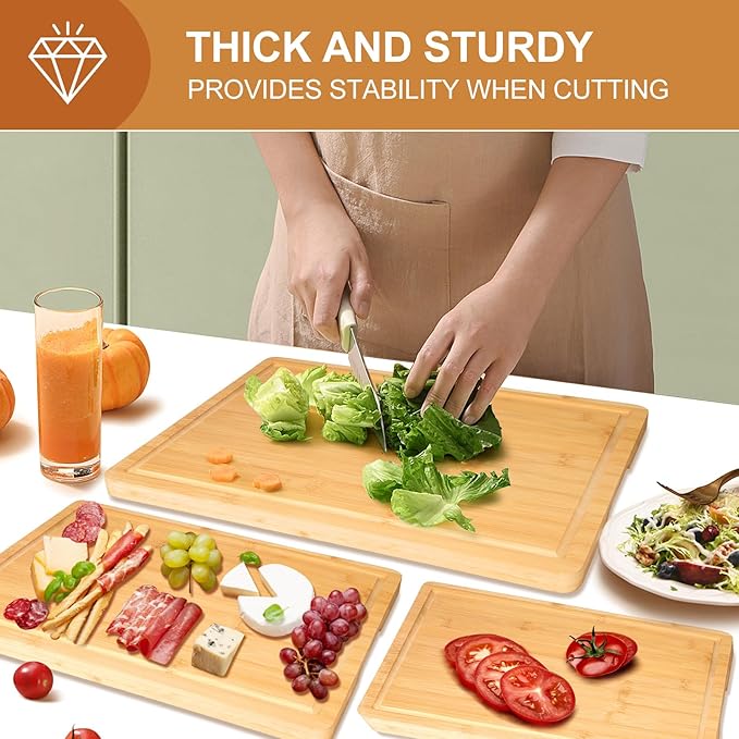 Gtencemen Bamboo Cutting Board Set of 3 With Holder Extra Large Bamboo Chopping Board for Kitchen Charcuterie Boards Bread Cheese Fruit Bread Cheese Meat