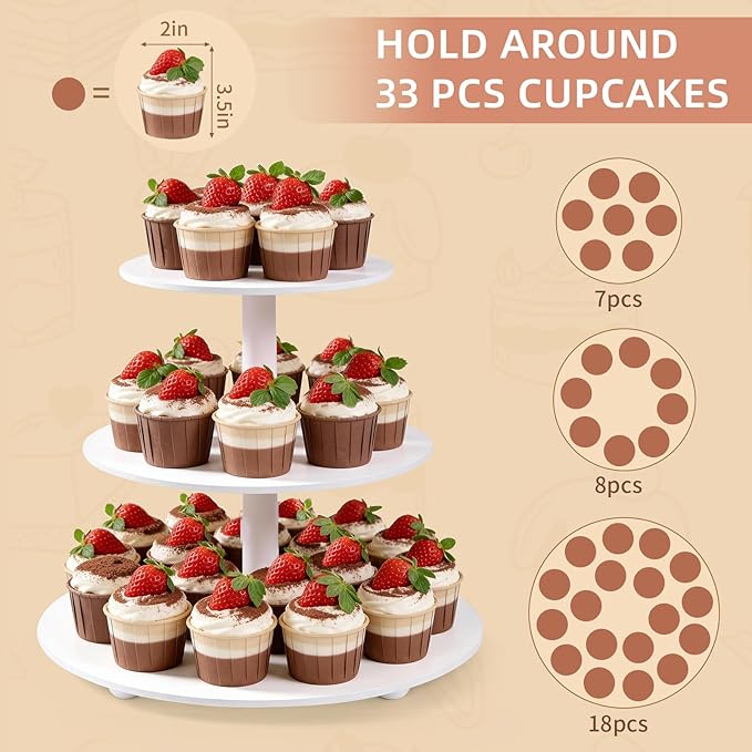 Weselljars 3-Tier Wooden Cupcake Stand:14in White Round Tiered Cake Stand,Dessert Display Stand for 33 Cupcakes,Easy to Assemble and with Instruction,Cupcake Tower for Wedding/Party/Birthday/Decor