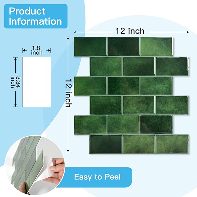 Art3d Peel and Stick Green Wall Tiles – 12"x12" Thicker Design Backsplash, Self-Adhesive Tile for Kitchen & Bathroom Renovation