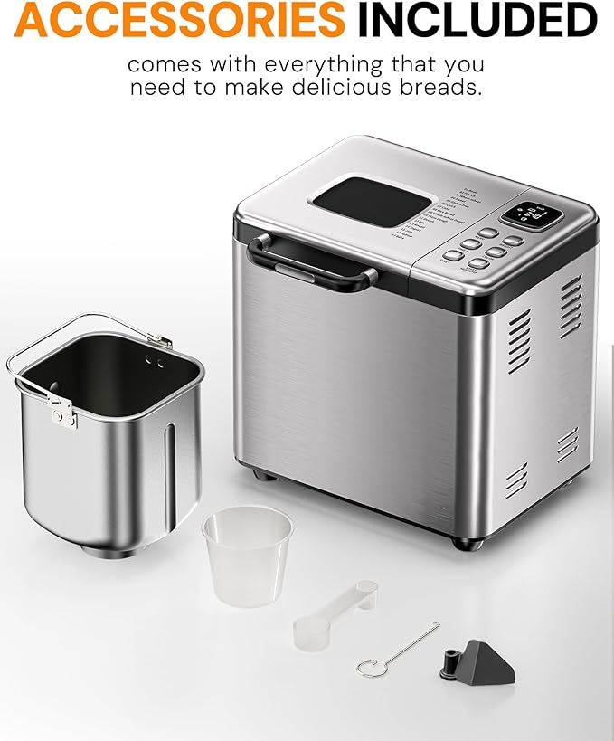 Bread Maker, 2LB Stainless Steel Bread Machine, 17-in-1 Automatic Settings, Non-Stick Pan, Beginner-Friendly Controls, Easy to Clean, Low Noise, High Success Rate for Homemade Bread