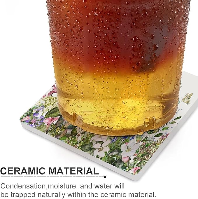Floral Drink Coasters, Square Ceramic Drink Coaster Square-4PCS, Watercolour Flower Herb Nature Plant Floral Butterfly Decor Absorbent Ceramic Coasters for Beverage Cup, Bar, Coffee Table