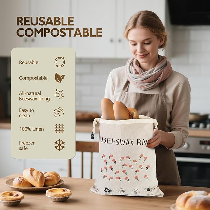 2-Pack Reusable Beeswax Bread Bags for Homemade Bread Sourdough, 2 Natural XL Beeswax 100% Linen Moisture-proof Lined Storage Bags with Buckle& 1 Bowl Covers –Easy to Clean,Keeps Bakes Fresh Longer