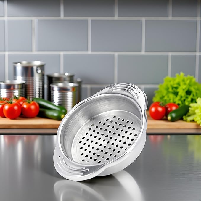Silvery Stainless Steel Food Tin Strainer,Can Press Strainer Tuna Press Food-Grade Steel Canning Colander,Dishwasher Safe, Food Strainer, Easy to Clean,Eco-Friendly Kitchen Utensils ﻿