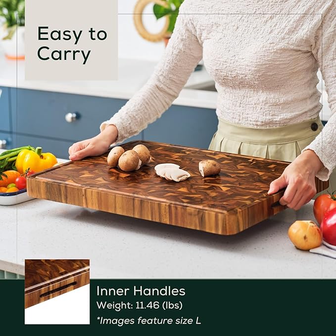 EZ FURNITURE Large (L) Acacia Wood Premium Cutting & Serving Board, End Grain with Juice Groove & Handles, Knife Friendly for Chopping, Non-Toxic (20" x 15" x 1.5", 11.46 lbs)