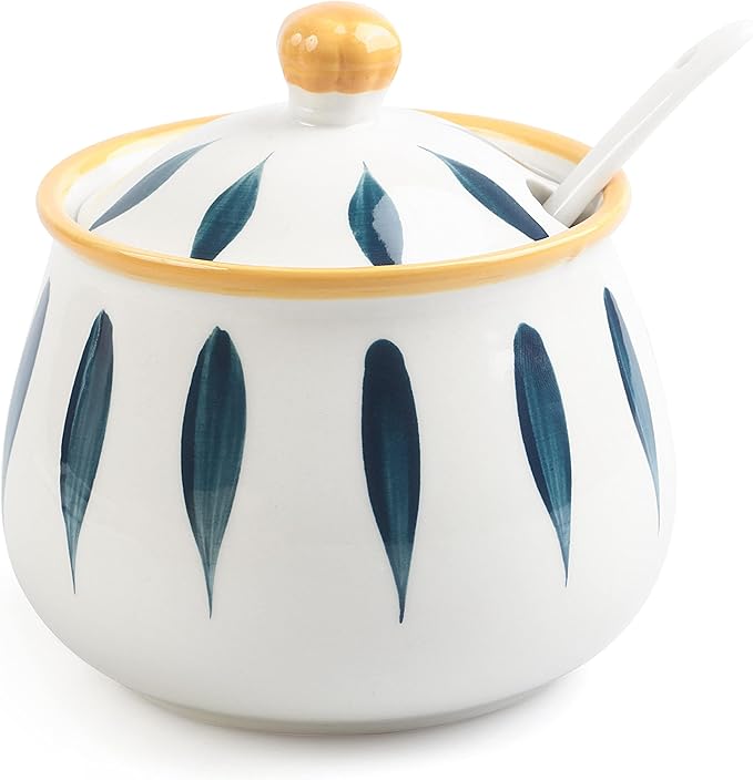 Ceramic Sugar Bowl with Lid and Spoon – 12 oz Sugar Container for Kitchen Counter, Coffee Bar and Home, Farmhouse Sugar Jar for Coffee, Tea, and Baking, Sugar Pot Dishwasher Safe