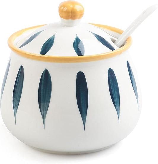 Ceramic Sugar Bowl with Lid and Spoon – 12 oz Sugar Container for Kitchen Counter, Coffee Bar and Home, Farmhouse Sugar Jar for Coffee, Tea, and Baking, Sugar Pot Dishwasher Safe