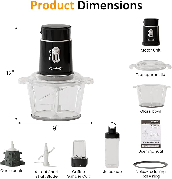 Sunvivi Electric Food Chopper, 4 in 1 Small Food Processor for Grinding Meat, Peeling Garlic & Juicing, 2 Speed Blender and Food Grinder Combo with 1.5L Glass Bowl & 2 Cups (0.4L+0.2L), Black