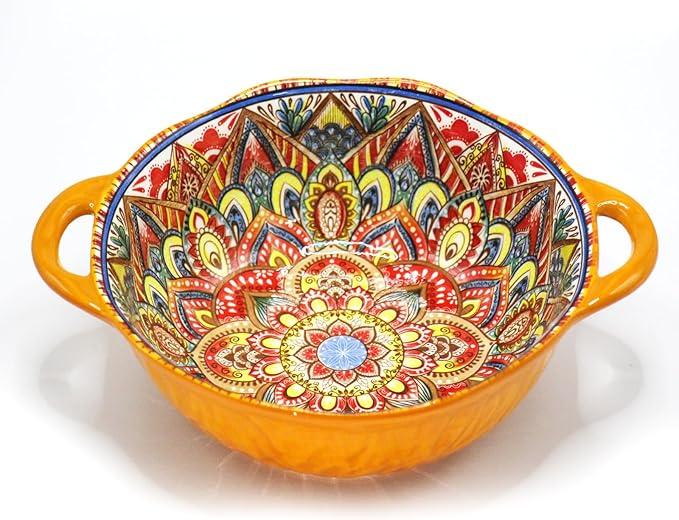 Bohemia Large Bowls with Handle, 40 oz Ceramic Soup Bowl for Salad, Pasta, Cereal,Fruit, Udon, Microwave & Dishwasher Safe (Orange)