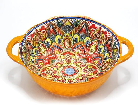 Bohemia Large Bowls with Handle, 40 oz Ceramic Soup Bowl for Salad, Pasta, Cereal,Fruit, Udon, Microwave & Dishwasher Safe (Orange)