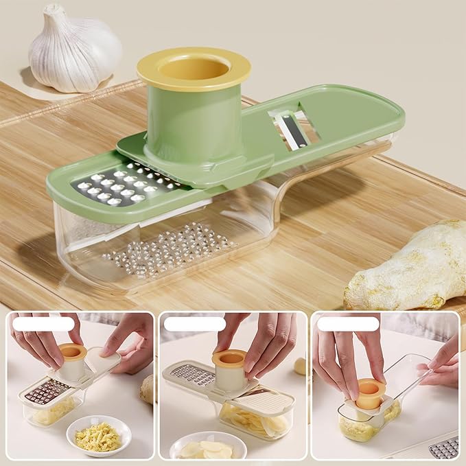 Mini Garlic Grinder, Multifunctional Garlics Grinder & Mandoline Slicer, 3-In-1 Garlic Slicer Veggie Shredder With Container, Hand Guard, For Can Grind, Slice And Shred (Beige+Green)