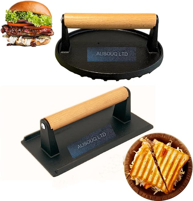 ALISOUQ 2Pcs Burger Smasher, Burger Smasher for Griddle, Heavy Duty Burger Press for Professional-Quality Patties, Hamburger Press with Wood Handle grilling Panini, Steaks, Bacon (Round & Rectangle)