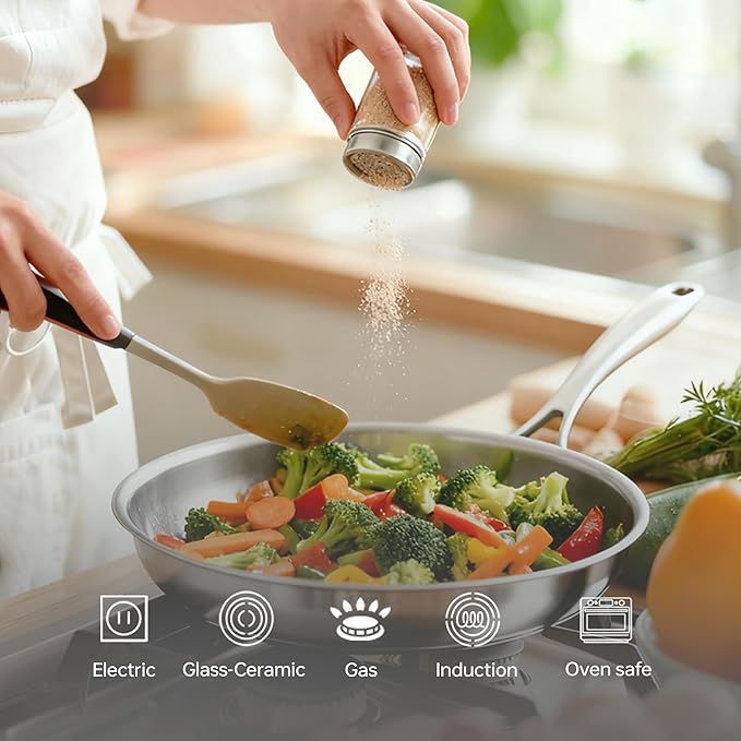 8 Inch Stainless Steel Frying Pan, 5-Ply Stainless Steel Pan, Dishwasher and Oven Safe, Induction Pan, Even Heat Distribution