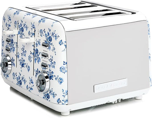 VQ Laura Ashley China Rose Stainless Steel 4 Slice Toaster | Multi-Functional Bagels & Bread Toaster 4 Slice with Adjustable Heating & Defrost Mode | Featuring 4 Wide Slots & Croissant Warming Rack