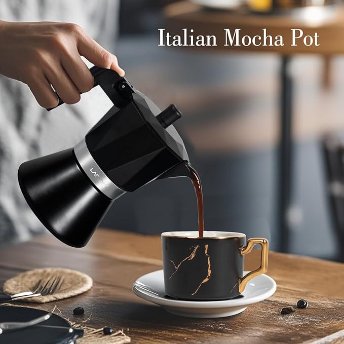 LAOION Moka Pot, 6-Cup Espresso Maker, 300ml Portable Stovetop Espresso Maker, Percolator Coffee Pot Compatible with Induction Cooktops, Suitable for Home and Camping (Black)