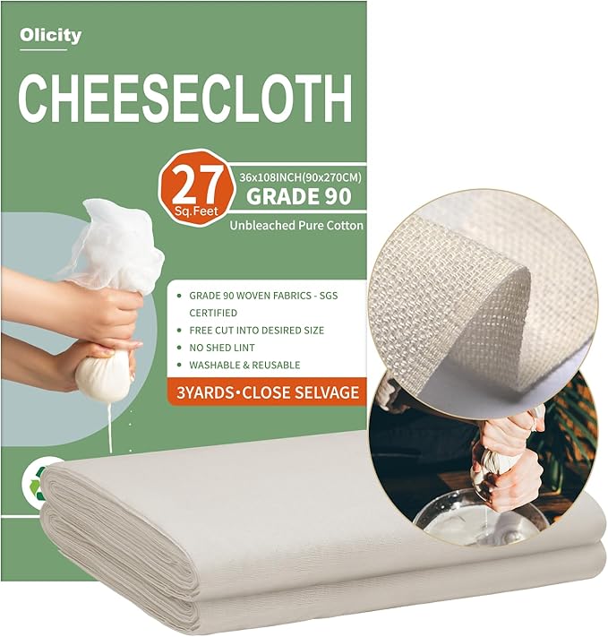 Olicity Cheese Cloths, Grade 90, 27 Sq Feet, Reusable Cheese Cloth with Closed Edges Unbleached Cotton Cheesecloth for Straining, Fine Mesh Fabric Muslin Cloth for Cooking, Rice,Sushi,Crafts - 3 Yards