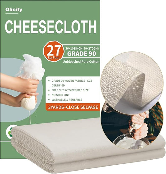 Olicity Cheese Cloths, Grade 90, 27 Sq Feet, Reusable Cheese Cloth with Closed Edges Unbleached Cotton Cheesecloth for Straining, Fine Mesh Fabric Muslin Cloth for Cooking, Rice,Sushi,Crafts - 3 Yards