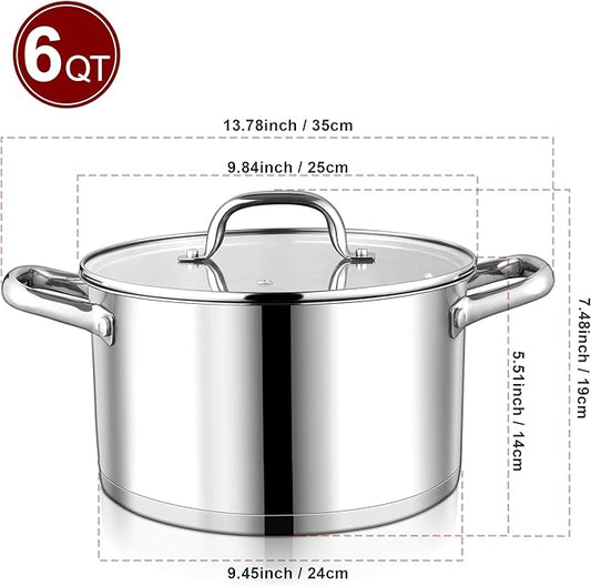 LIANYU 6 QT Stainless Steel Stock Pot, Kitchen Tri-ply Base Cooking Soup Pot with Glass Lid, Heavy Duty Non-toxic Cookware for Meal, Compatible with Induction Cooktop Electric Stove, Dishwasher Safe