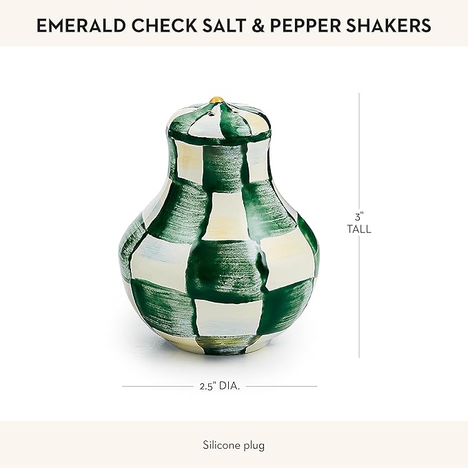 MACKENZIE-CHILDS Enamel Salt and Pepper Shakers, Kitchen Table Spice Shaker Set, Green-and-White Emerald Check, Small