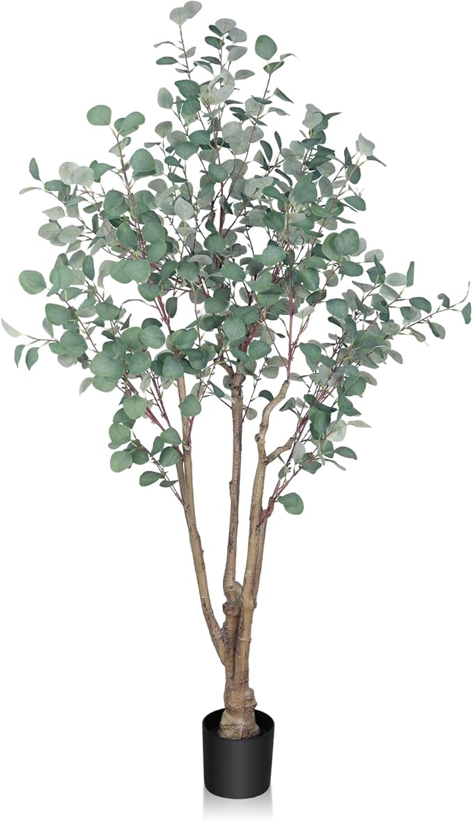 6FT Artificial Eucalyptus Tree Indoor, Tall Faux Eucalyptus Plant with Pre-Potted Realistic Silk Leaves and Trunk, Fake Eucalyptus Tree for Office Living Room Bedroom Kitchen Home Corner Decor