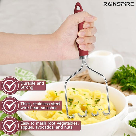 Rainspire Potato Masher Stainless Steel, Mashed Potato Masher Kitchen Tool, Durable Mash Potatoes Masher, Soft Non-slip Handle, Kitchen Utensils, Kitchen Gadgets, Red