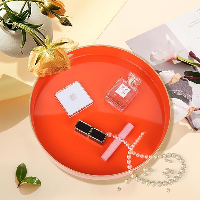 Sturdy Acrylic Serving Tray with Handles-13Inch, Morden Plastic Round Serving Tray for Coffee Table Bathroom, Ottoman, Home Decor (Round - Pink) (Orange, 13" x 13" x 1.4")