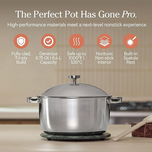Our Place Titanium Perfect Pot Pro | 6.75 Qt Stock Pot with Lid & Silicone Spoon | PFAS-Free Nonstick, Fully-Clad Tri-Ply Stainless Steel & Aluminum | Induction & Oven-Safe up to 1000°F | Chrome