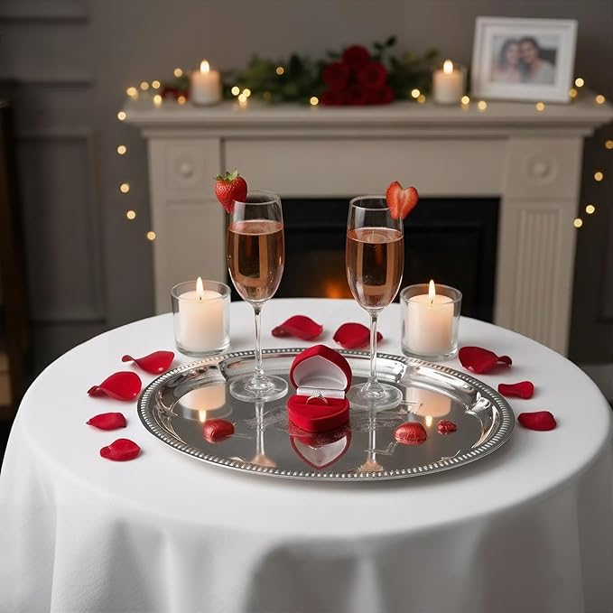 4-Pack 15.7" x 11.8" Large Silver Serving Trays for Party Set - Oval Floral Engraved Serving Platters, Wedding Birthday Mirror Tray for Valentine's Day, Food, Appetizer, Charcuterie, Cookies, Desserts