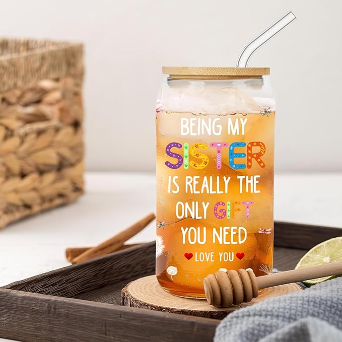 Gifts for Sister 16 Oz Glass Cups with Lids and Straws Funny Sis Iced Coffee Cup Birthday Mother's Day Christmas Gift from Brother Sisters for Friends Sibling Soulmate Bestie Women BFF