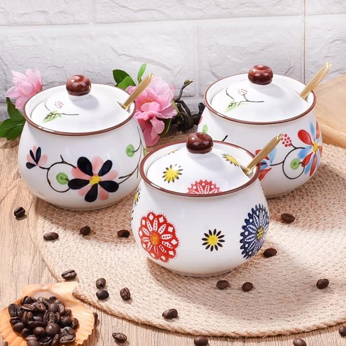 Porcelain Sugar Bowls with Lid and Spoons, Ceramic Seasoning Container for Home and Kitchen (LH)