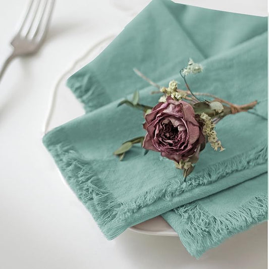 Handmade Cloth Napkins 100% Cotton Napkins with Fringe，Delicate Handmade Cloth Napkins for Dinners, Parties, Weddings and More，18 x 18 Inch Set of 4 - Turquoise