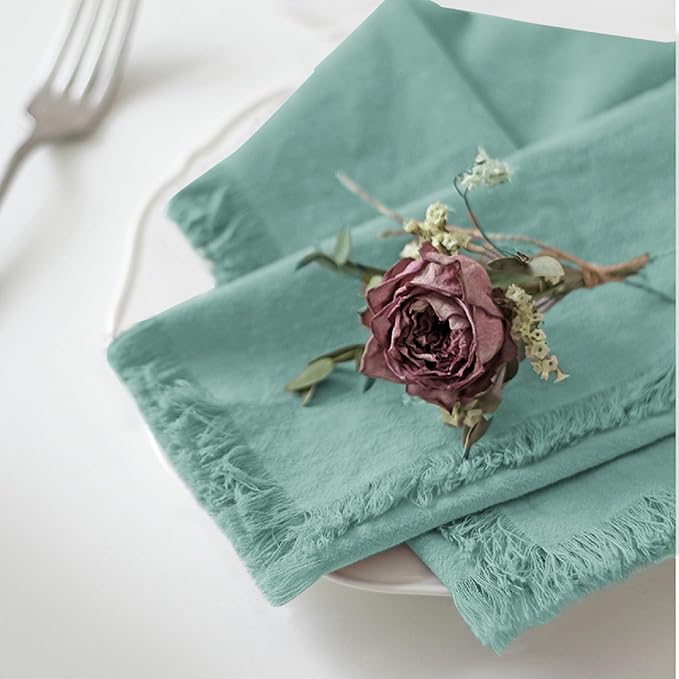 Handmade Cloth Napkins 100% Cotton Napkins with Fringe，Delicate Handmade Cloth Napkins for Dinners, Parties, Weddings and More，18 x 18 Inch Set of 12 - Turquoise