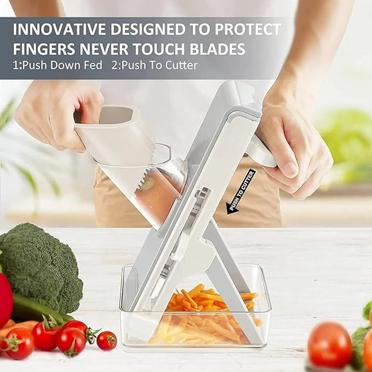 Safe Mandoline Slicer for Kitchen，Vegetable Chopper with Container and Lid，Adjustable Mandoline Slicer，4in1 Vegetable Chopper,Arrot 、Banana、Apple、Lemon、Fries slicer (Grey Blue)