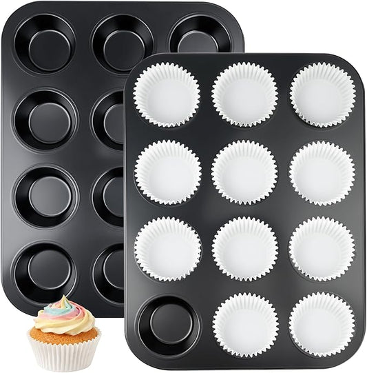 Smile Tree Muffin Pan & Cupcake Pan Set, 2 Pack 12-Cup Muffin Pans for Baking with 120 Cupcake Liners, Nonstick, Heavy-Duty Steel, Scratch-Resistant, Easy Release for Family & Party Baking (Black)