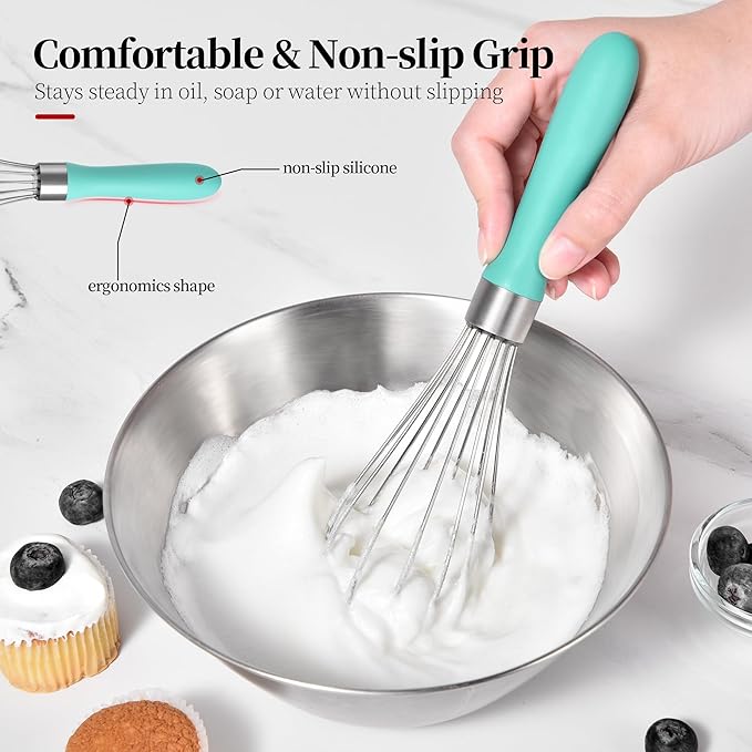 9.06 in Kitchen Wire Whisk, 18/10 Stainless Steel Metal Balloon Wisk Heavy Duty Egg Beater whisker Hand Mixer for Cooking, Baking, Mixing, Stirring, Sauce, Flour, chocolate（Small, Aqua Sky）