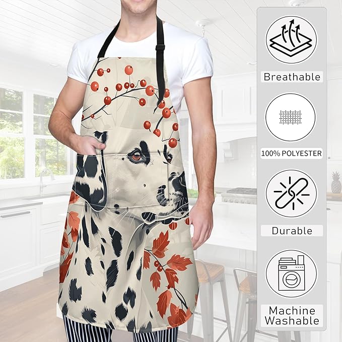 Dalmatian Apron Elegant Autumn Dog with Red Leaves and Berries Aprons Waterproof Oxford Polyester Adjustable Pockets Design for Cooking, Crafting Decor,Gifts for Pet Art Fans, 28x33 Inch