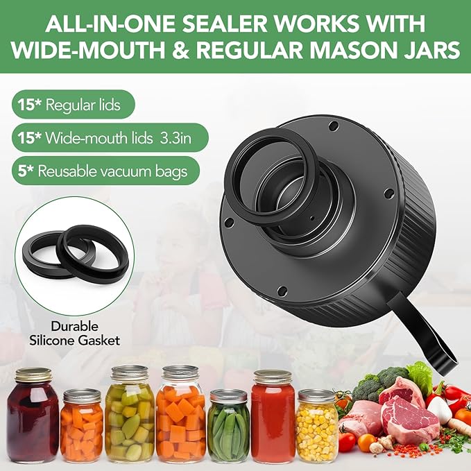 Electric Mason Jar Vacuum Sealer,2026 Upgraded 3-in-1 Handheld Vacuum Sealer for Mason Jars Food Storage Bags & Containers Control,Jars Sealer for Meal Prep Dry Goods & Canning Pickling