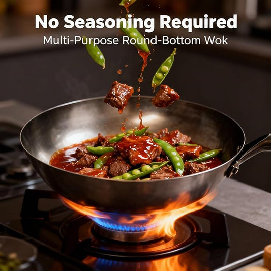 Calmabode 12 Inch Round Bottom Hand Hammered Carbon Steel Wok - Traditional Forged Stir Fry Pan, Fast Heat Conduction, No Hot Spots, Non-Toxic Uncoated for Gas Stove, Home & Professional Kitchen